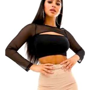 Asos Black Long Mesh Sleeve Cut Out Crop Top Sz 8